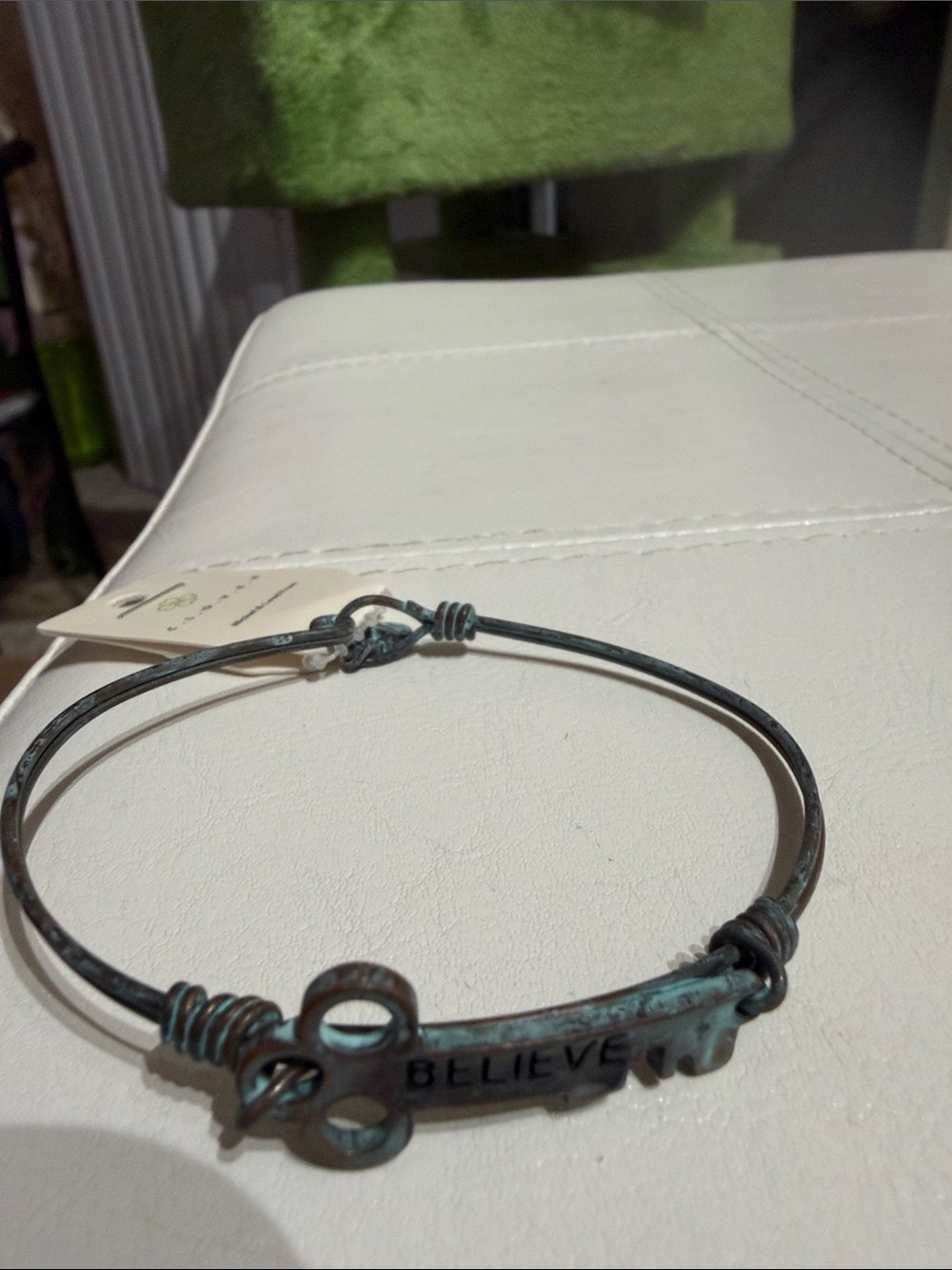 Believe Key Charm Bangle Bracelet in Patina Bronze
